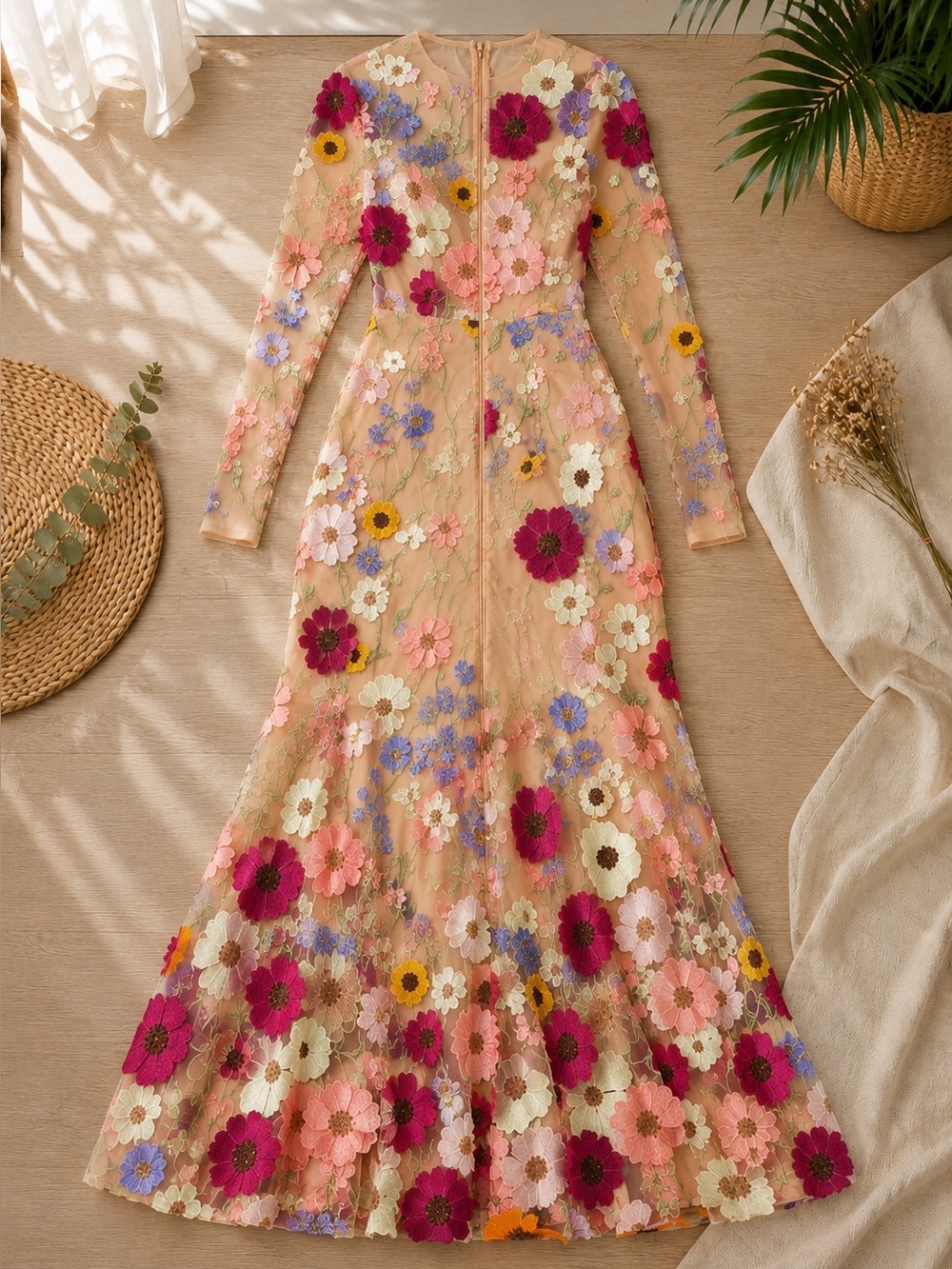Nude Floral Appliqué Maxi Dress with Multicolor Blooms - Picture 2 of 3